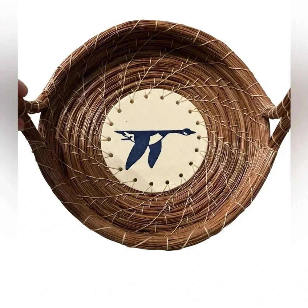 Pine Needle Handle Basket With Handpainted Ceramic Bird Plate Bottom Sig…
